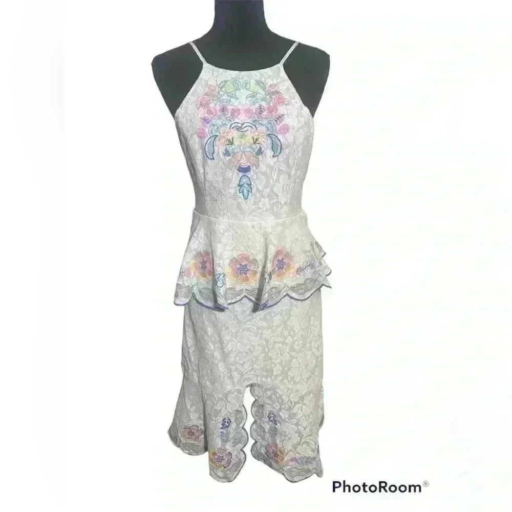 Anthropologie Champagne & Strawberry Lace Embroidered Floral Dress Size Large